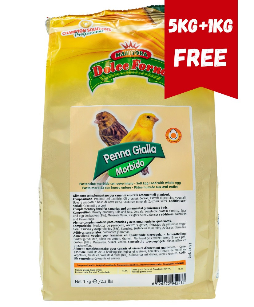 Manitoba Penna Gialla Morbido 5kg + 1kg GRATUIT (Pâtée aux oeufs canaris, prête à l'emploi)